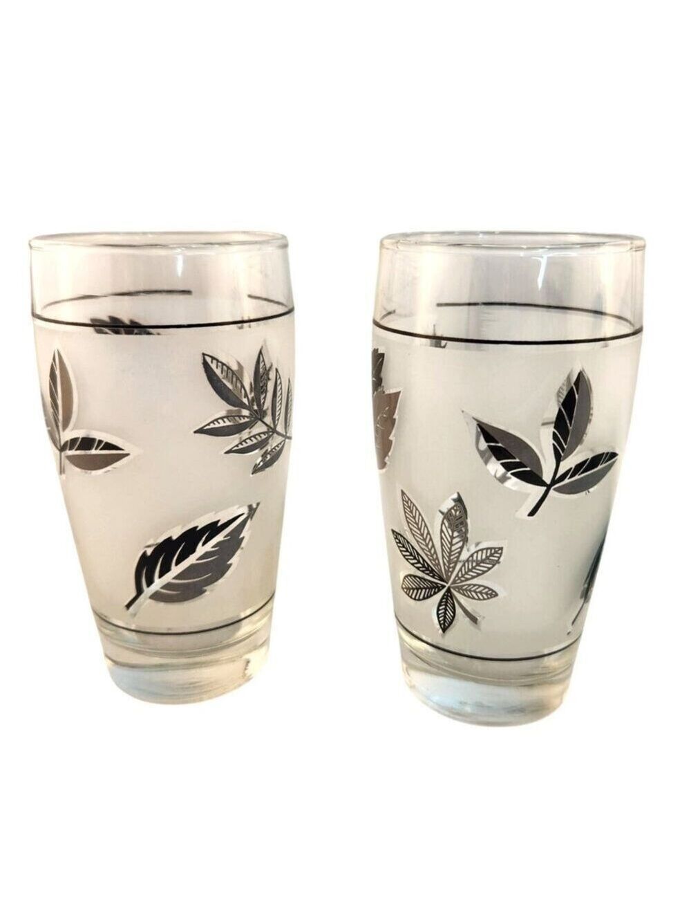 Vtg MCM Libbey Glass Frosted Silver Leaf Flat Tumbler Glasses 5.25"H Set Of 2